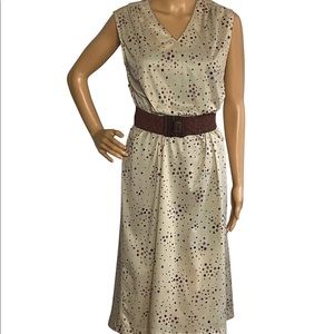 Vintage 70s 80s Tan Geometric Print MIDI Dress